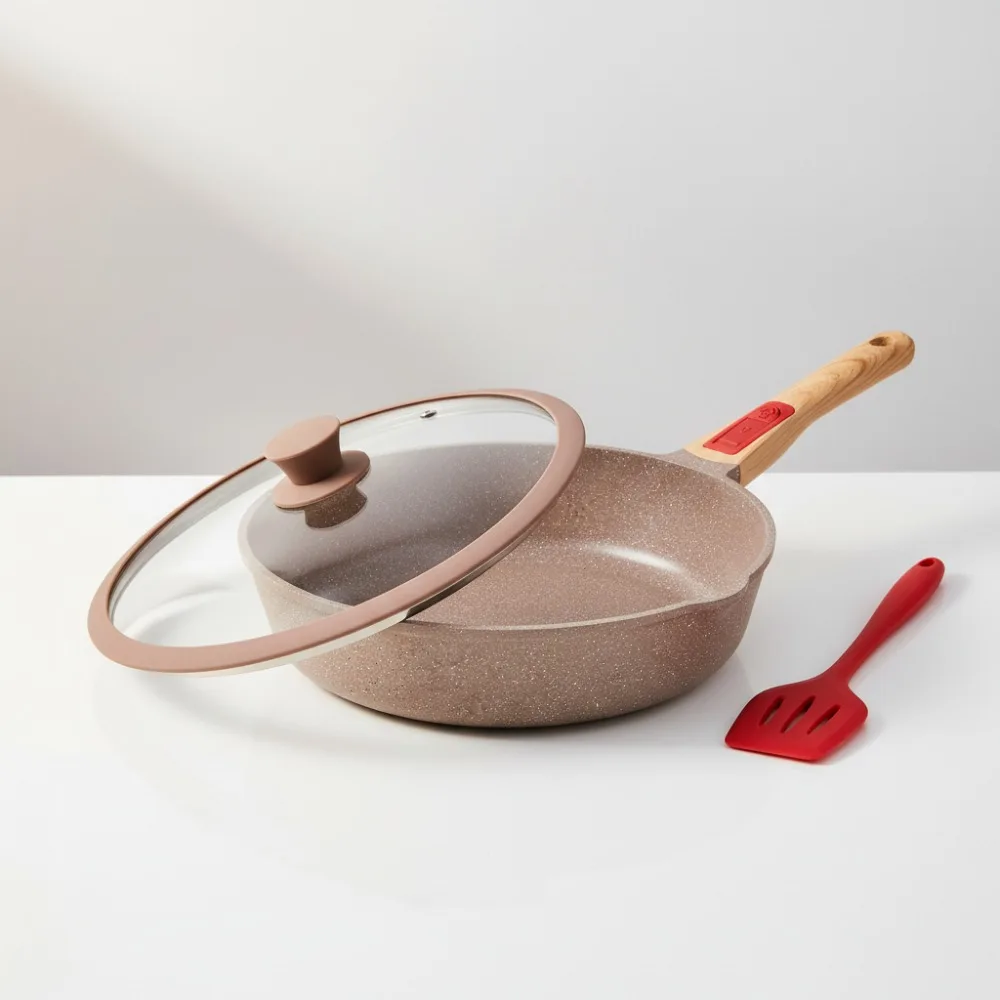 

11 Inch Nonstick Ceramic Frying Pan with Lid, Deep Skillet Removable Handle Oven Safe Healthy Cooking