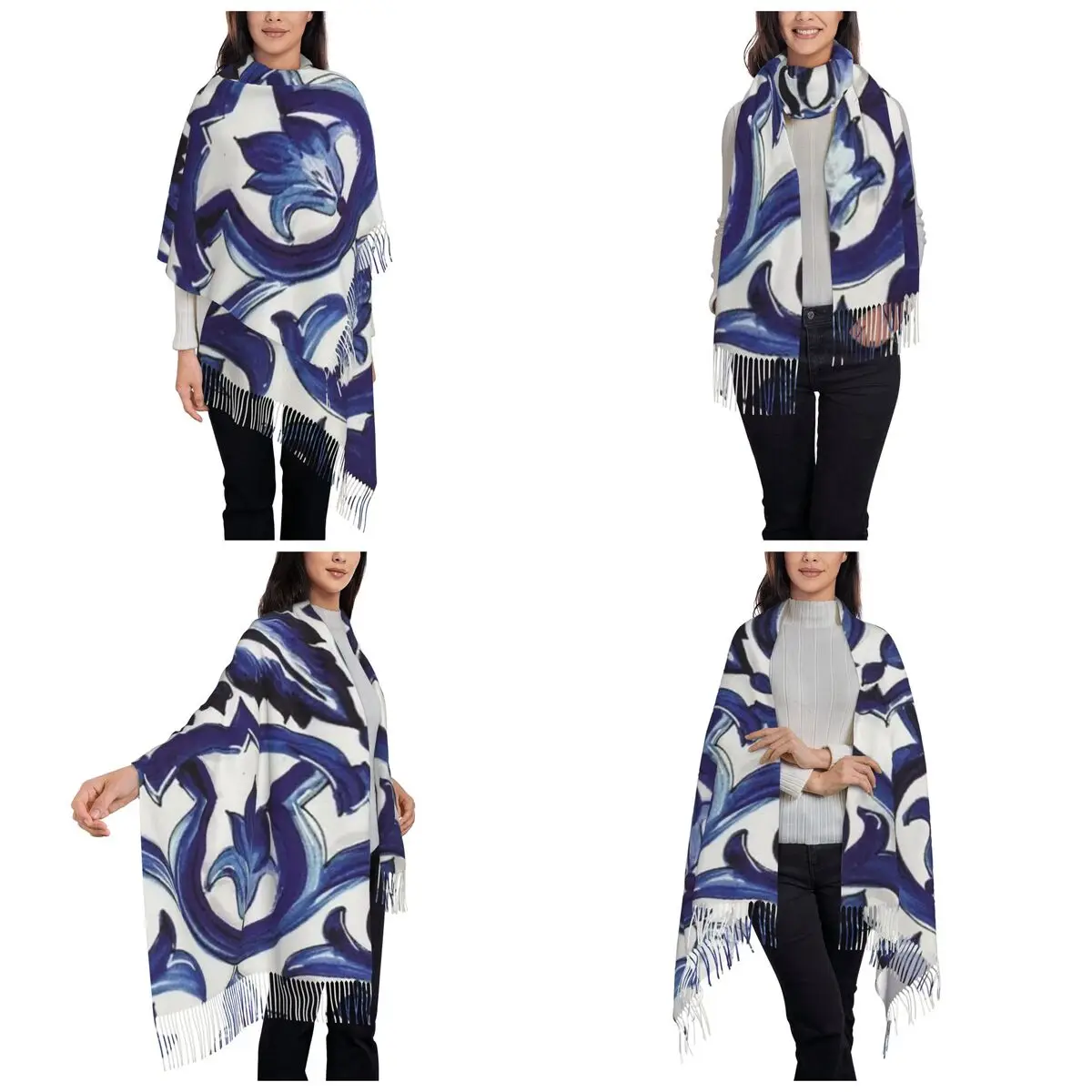 الأزرق المزخرف الأزهار البحر الأبيض المتوسط صقلية بلاط وشاح شرابة الأوشحة النساء شالات و يلتف كبير الخريف الشتاء شال التفاف