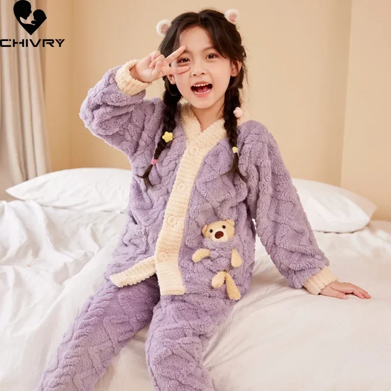 New Autumn Winter Kids Thicken Warm Flannel Pajamas Baby Boys Girls Cartoon Bear V-neck Casual Sleepwear Clothing Sets Pyjamas