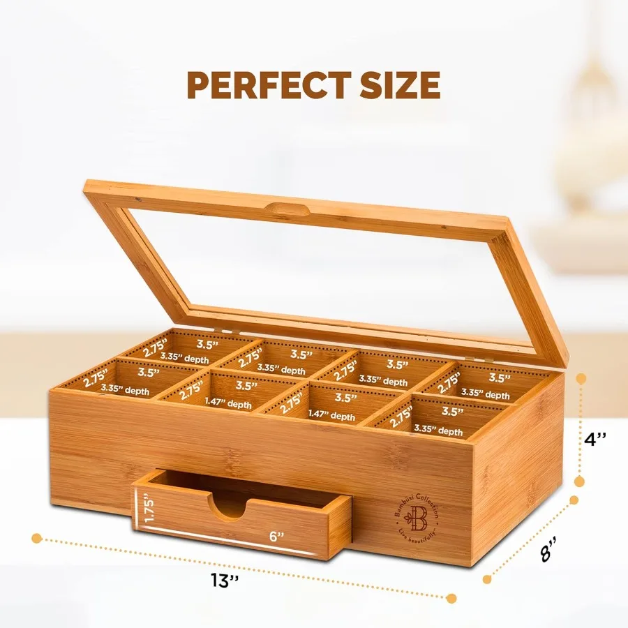 Bamboo Tea Box Storage with Drawer and Acrylic Window for Efficient Tea Bag Organization in Home Kitchen Compact Tea Organizer