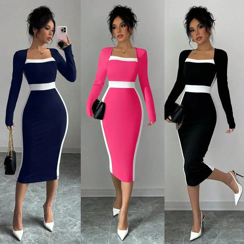 

2026 New Sexy Color Block Collision Long Sleeve Wrap Body Midi Dress Women's Fashion High Waist A-Line Skirt Single Piece