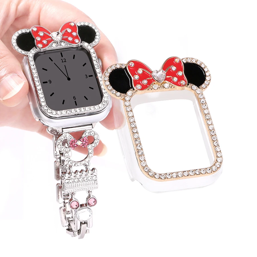 Protective Case for Apple Watch series 9 8 7 Rhinestone Women Fashion Cute Cartoon Animals Frame Cover iWatch Series 41mm 45mm