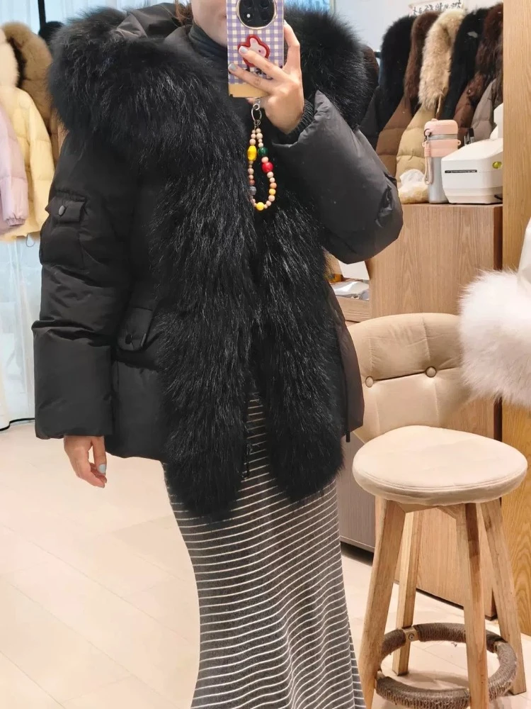 Women Winter Fur Coat Voluminous Raccoon Fur Hood Belted Waist Pockets Zipper Oversized Outerwear for Cold Climate Street Style