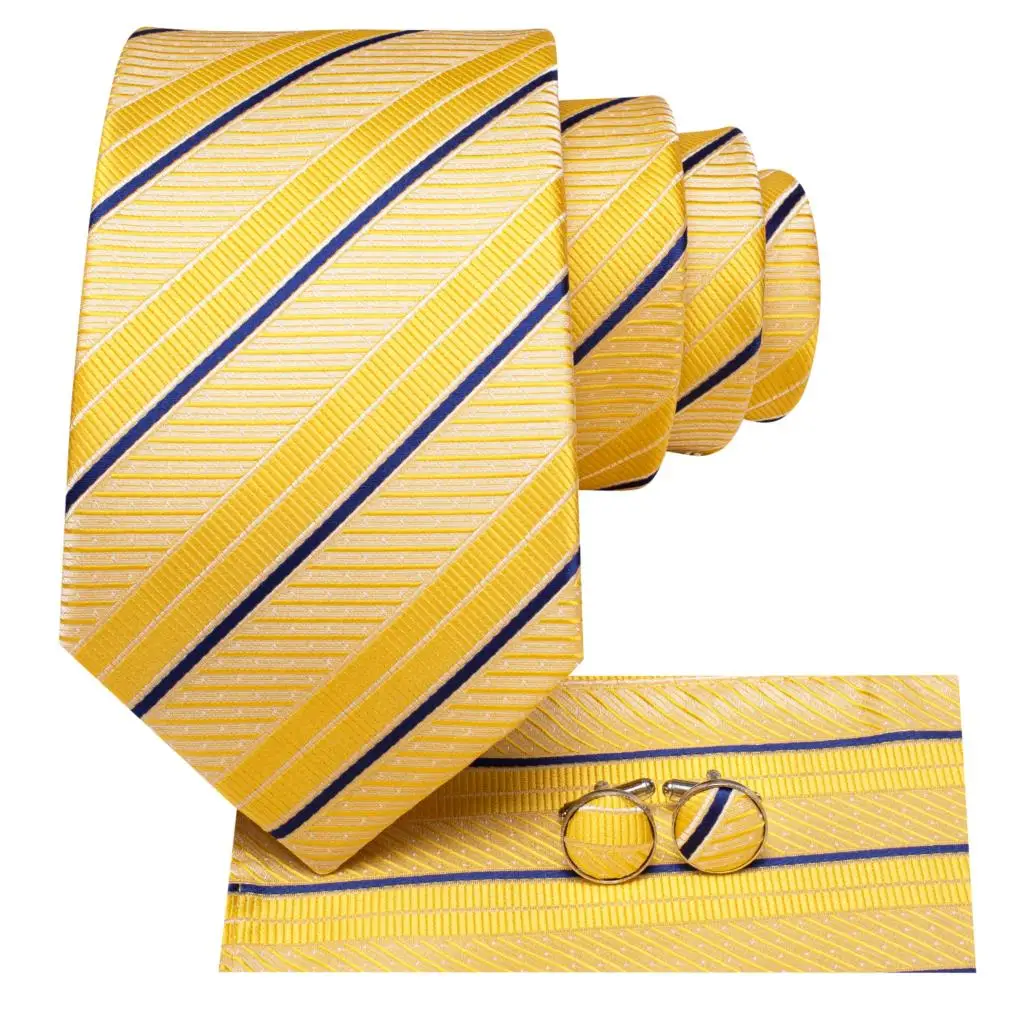 2022 New Design Yellow Blue Striped Fashion Brand Tie for Men Wedding Party Necktie Handky Cufflinks Gift Wholesale Hi-Tie