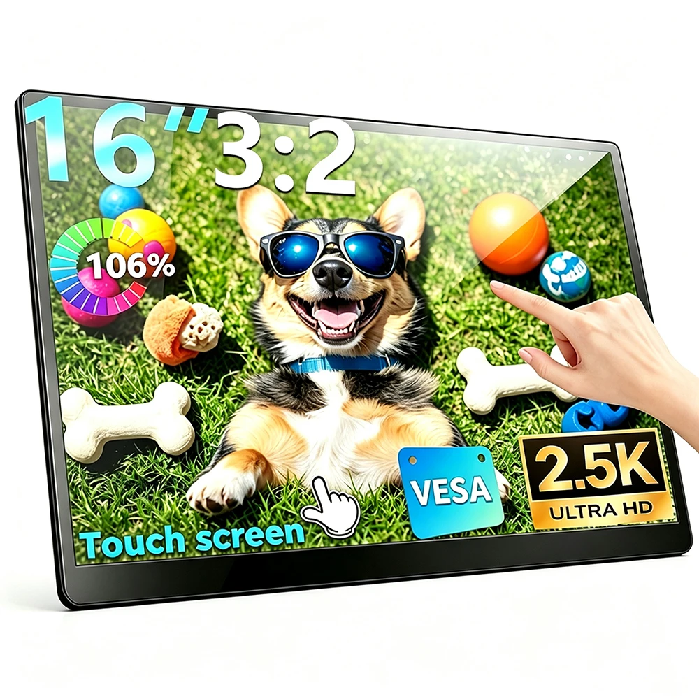 16 Inch 2.5K QHD Portable Monitor Unique 3:2 IPS Carbon Fiber USB-C External Travel Screen For Laptop Mac Photo Editing Office