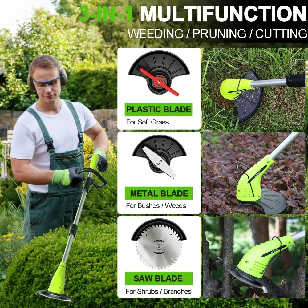 12V Cordless Grass Trimmer with 2Pcs 2.0Ah Batteries, Fast Charger and 3 Types Cutting Blades for Garden Yard Weeding Work