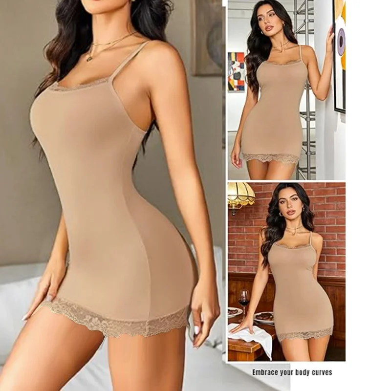 Dimmkof Lace Trim Slip Spaghatti Seamless Slim Fit Soft Dress Party Night Club Dress Sexy Going Out Dresses Cami Cute Shapewear