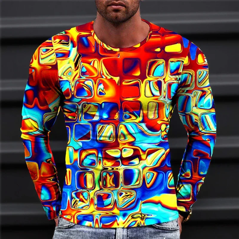 New Autumn Man's Optical Illusion Round Neck Long Sleeve T-shirt 3D printing Fashion Top pullover T Shirts Man's Clothing