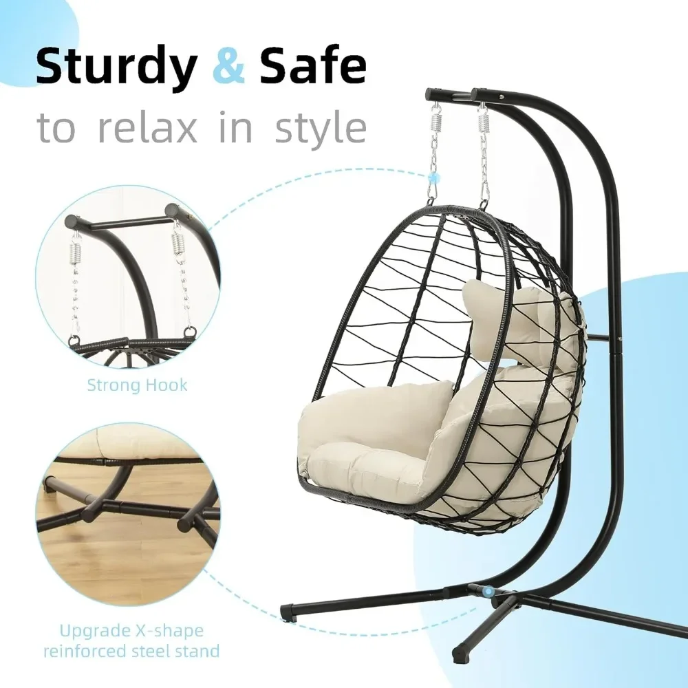 Double Indoor/Outdoor Wicker Swing Egg Chair Hammock Foldable Hanging Loveseat with Stand, UV Resistant Removable Cushions