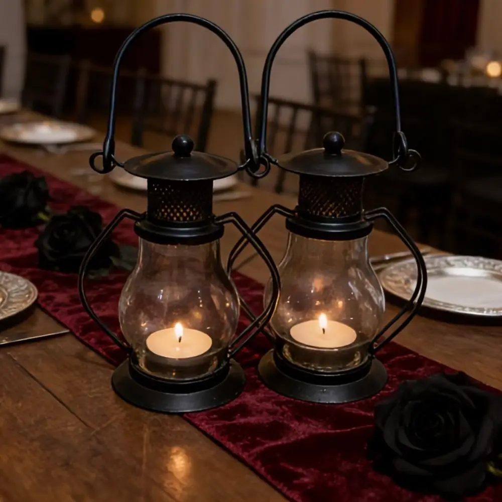 Creative Retro Metal Candlestick with Handle Decorative Windproof Lampshade Portable Tent Lantern Bedroom