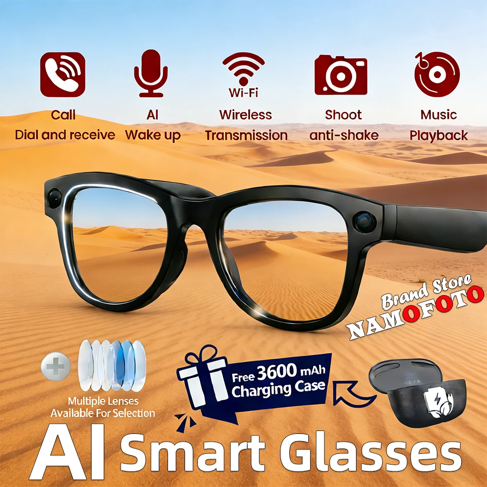 

2026 New AI Translate Smart Glasses 4GB Storage 8MP HD Camera Voice Video Record Call Smart Glasses with 3600mAh Charging Case