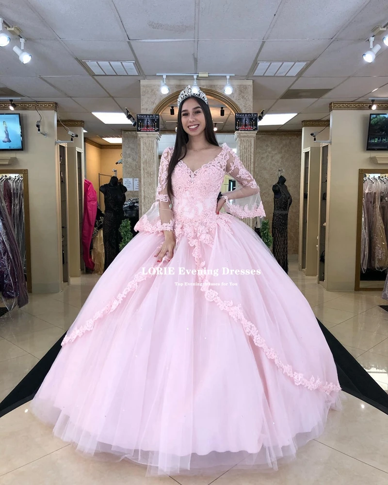 Lorie Pink Tüll Ballkleid Quince anera Kleider Applikationen Langarm Spitze Vestidos de 15 Quinceañera Prinzessin Geburtstags kleider