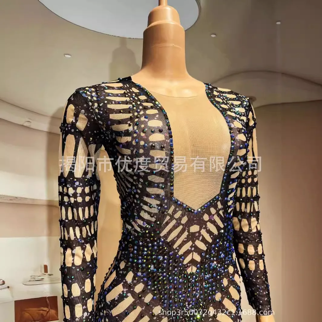 Personality Ripped Singer Glam Slim Fit Shiny Rhinestone Jumpsuit Night Reception Party Performance Black Hole Pants Ever Pretty