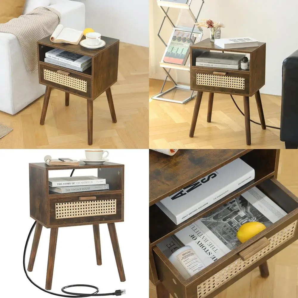 

Mid-Century Modern Rattan Nightstand with Charging Station, Solid Wood Legs for Bedroom and Living Room, Rustic Brown