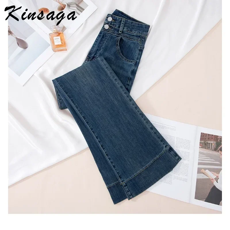 

Casual Vintage Blue Double Button Flared Pants Fashion Blue High Waist Denim Pants