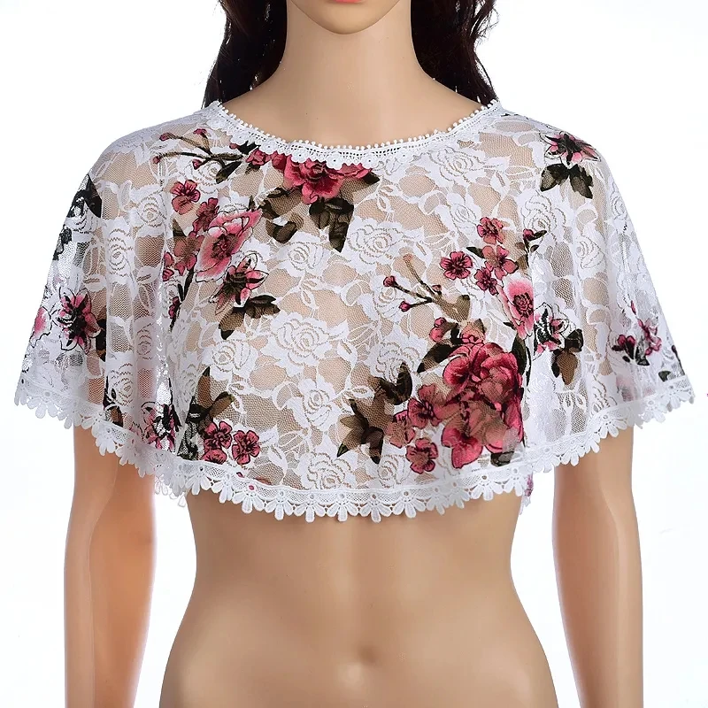한국어 단색 장미 중공 레이스 투명 들어 갔어 목도리 여성 여름 태양 의류 Cheongsam 케이프 자켓 블라우스 R26
