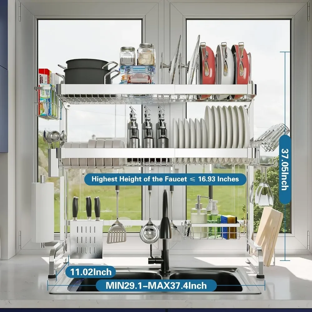 Over The Sink Dish Drying Rack, 3-Tier Drying Drainer Rack Over Sink Stainless Steel Adjustable (29.1''~37.4''),Sink Drying Rack