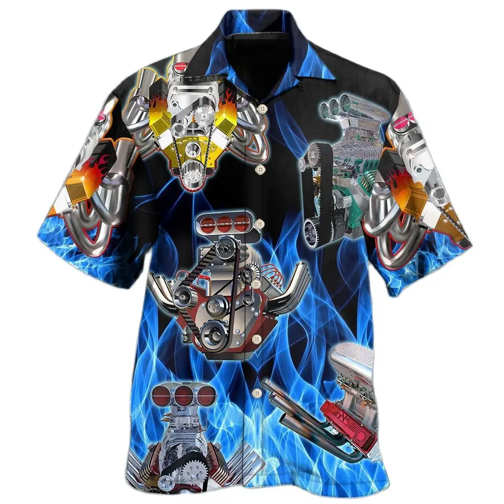 Camisa hawaiana de locomotora para hombre, camisa informal, cuello de manga corta, mecánica, a la moda, de diseñador, 2023