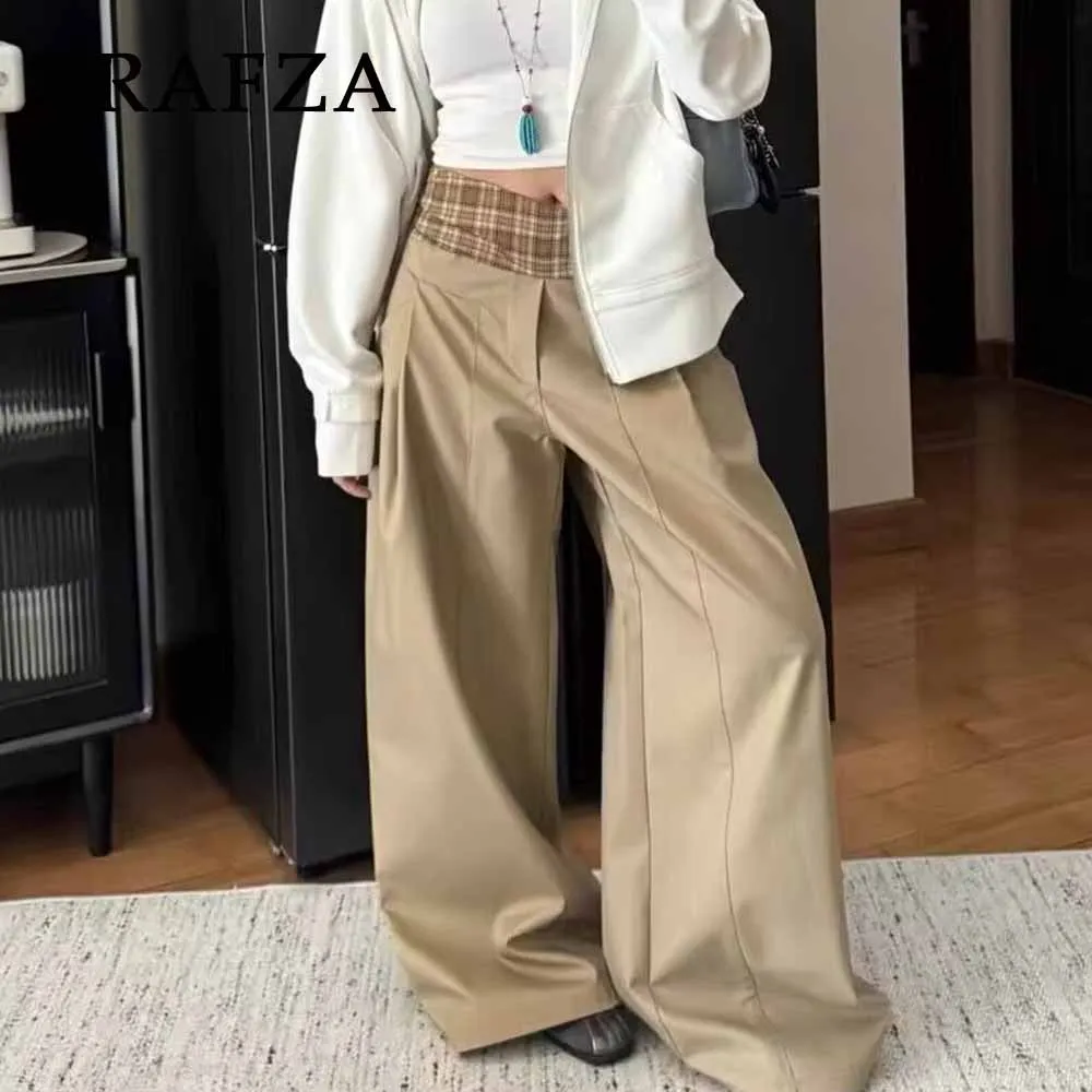 

TRAFZA 2025 Women Spring Casual Patchwork Pants Zipper Vintage Check Long Pants Pocket Wide Leg Fashion Female Loose Pants