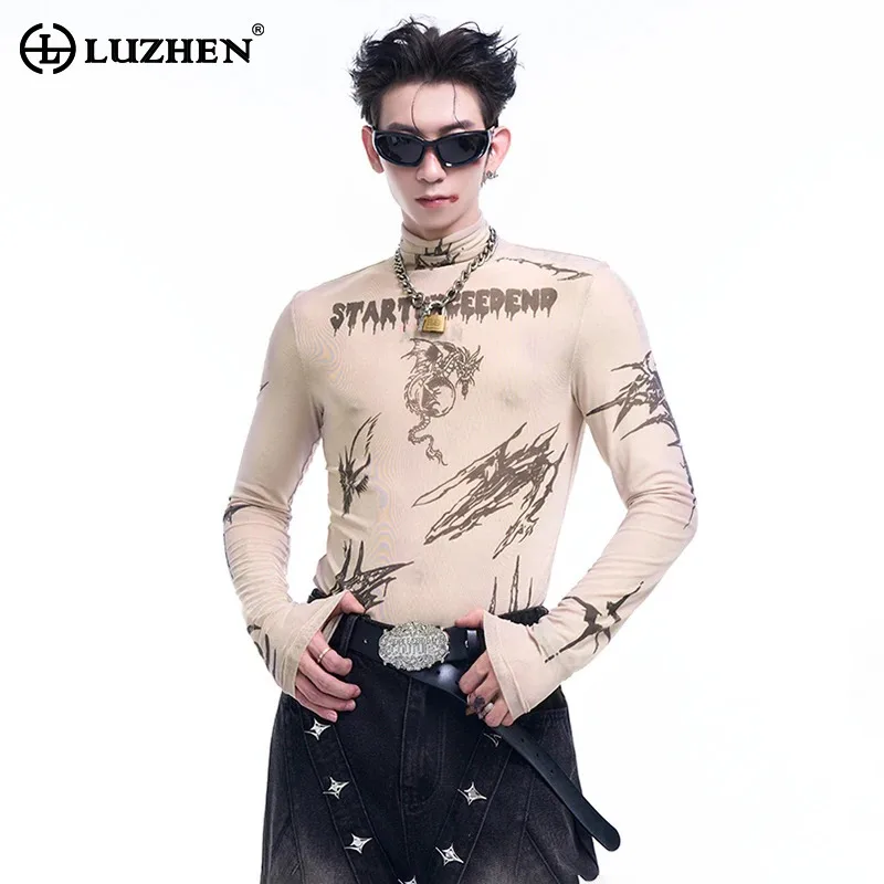 LUZHEN High Neck Base Shirt Printed Versatile Trendy Design Personalized Trendy T-shirts Versatile Slim Thin Men's Tops LZ4866