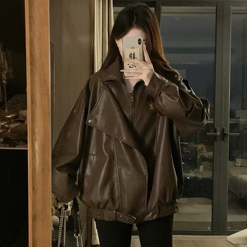 Kurtka damska w stylu koreańskim, czarna, retro, motocyklowa, z kołnierzem, ze skóry PU, nowa kolekcja jesień-zima 2025, odzież damska.