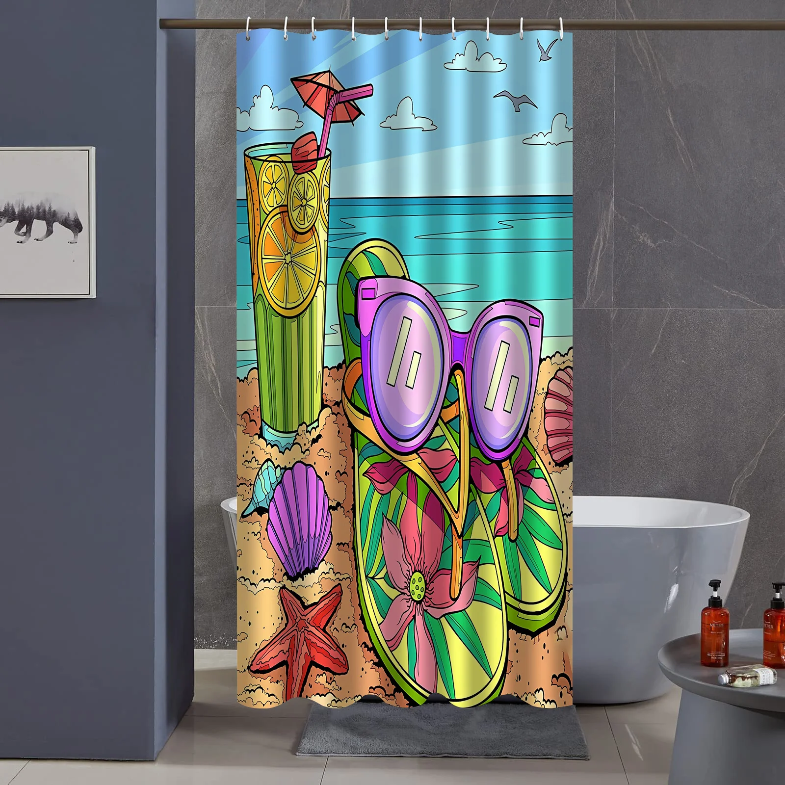 Summer Beach Flip Flops Shower Curtain, Tropical Cocktail & Sunglasses Print Waterproof Bathroom Decor, Ocean Vibes Home Bath