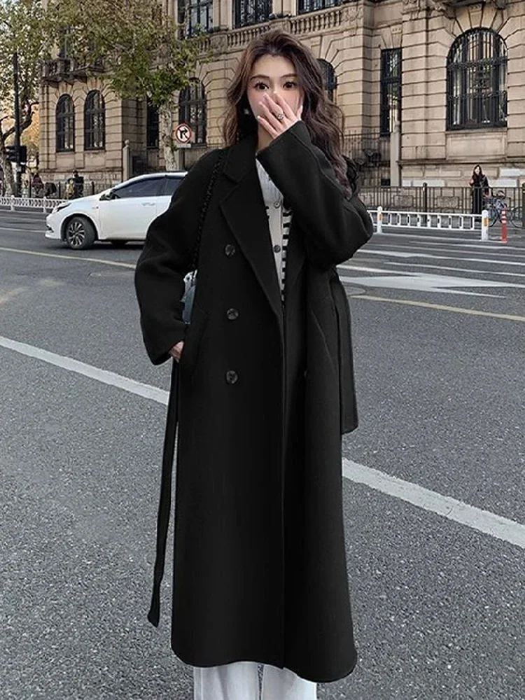 

Women Jacket Lace Up Simple 2024 Spring Korean Faux Woolen Full Sleeve Double Breasted Midi Coat Female Causal Loose Outwears