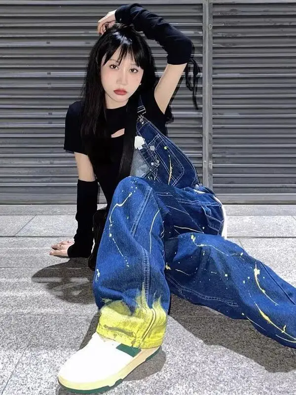 

Anti-Aging adient Splatter Denim Overalls Women's Spring Autumn New High Street plus Size One-Piece Pants Fat MM