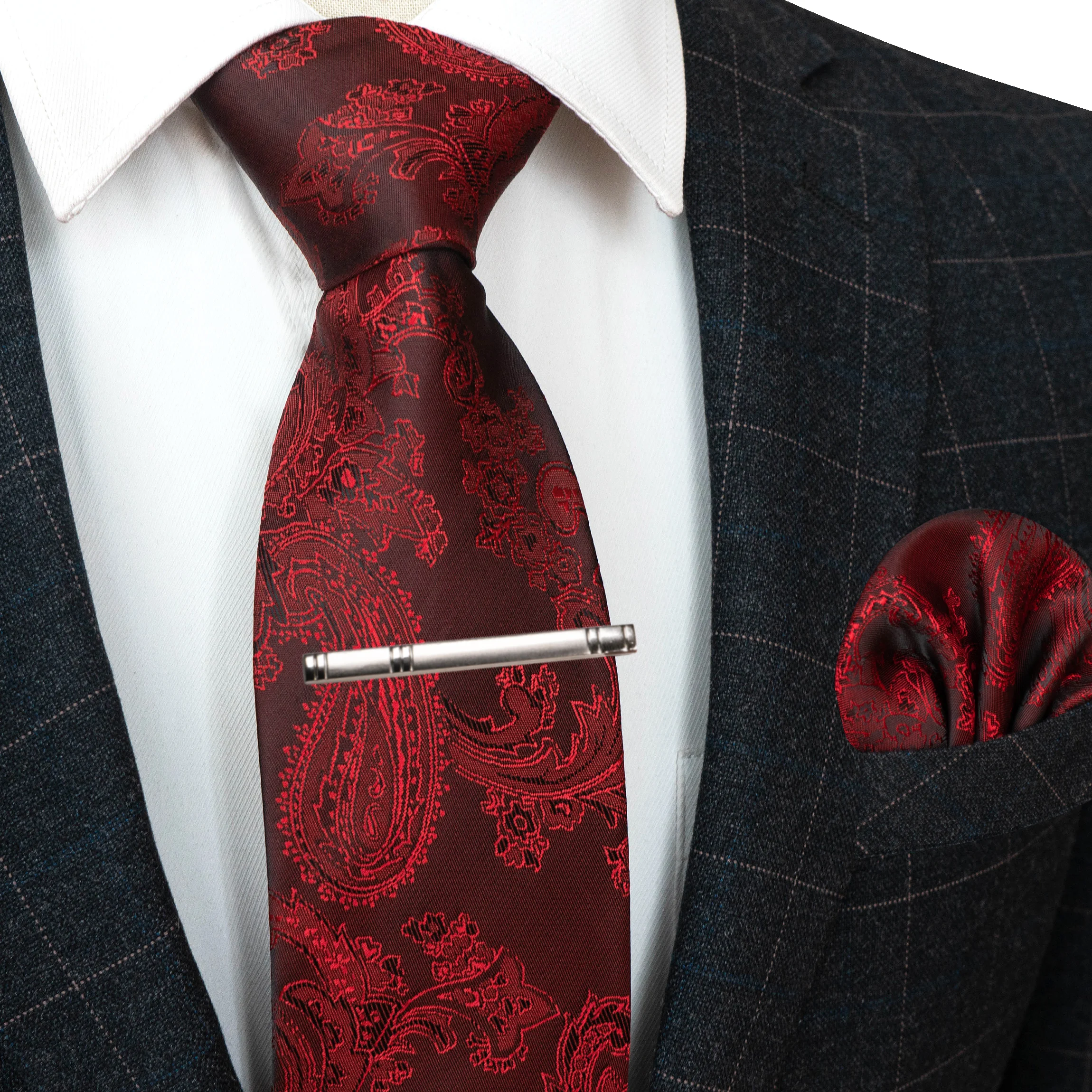 20 Farben Herren Formelle Lila und Rote Paisley Jacquard Krawatte Schal und Krawattenklammer Set Jacquard-Webart Geeignet für Hochzeiten Herren-Geschenk – Detail 7