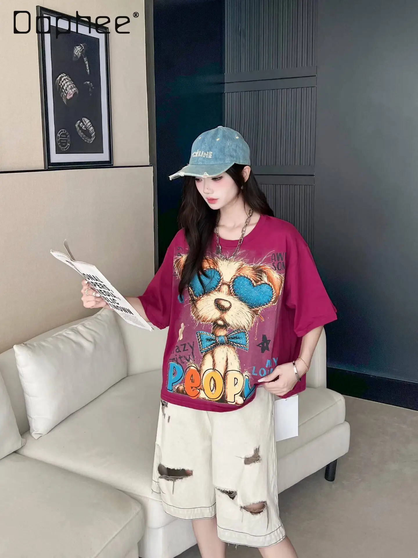 

Women's New European Heavy Industry Hot Diamond Dog Street Trend Fashion Loose Large Version Cotton T-shirt Short Sleeve Top