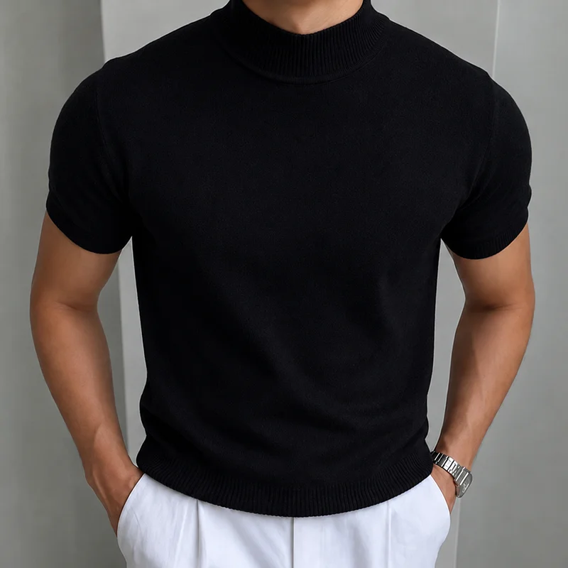Herren Casual Einfaches Strick-T-Shirt Halbhoher Kragen Weicher Komfort Modisch Einfarbiges Strick-Kurzarm-T-Shirt Mock Neck Pullover – Detail 7