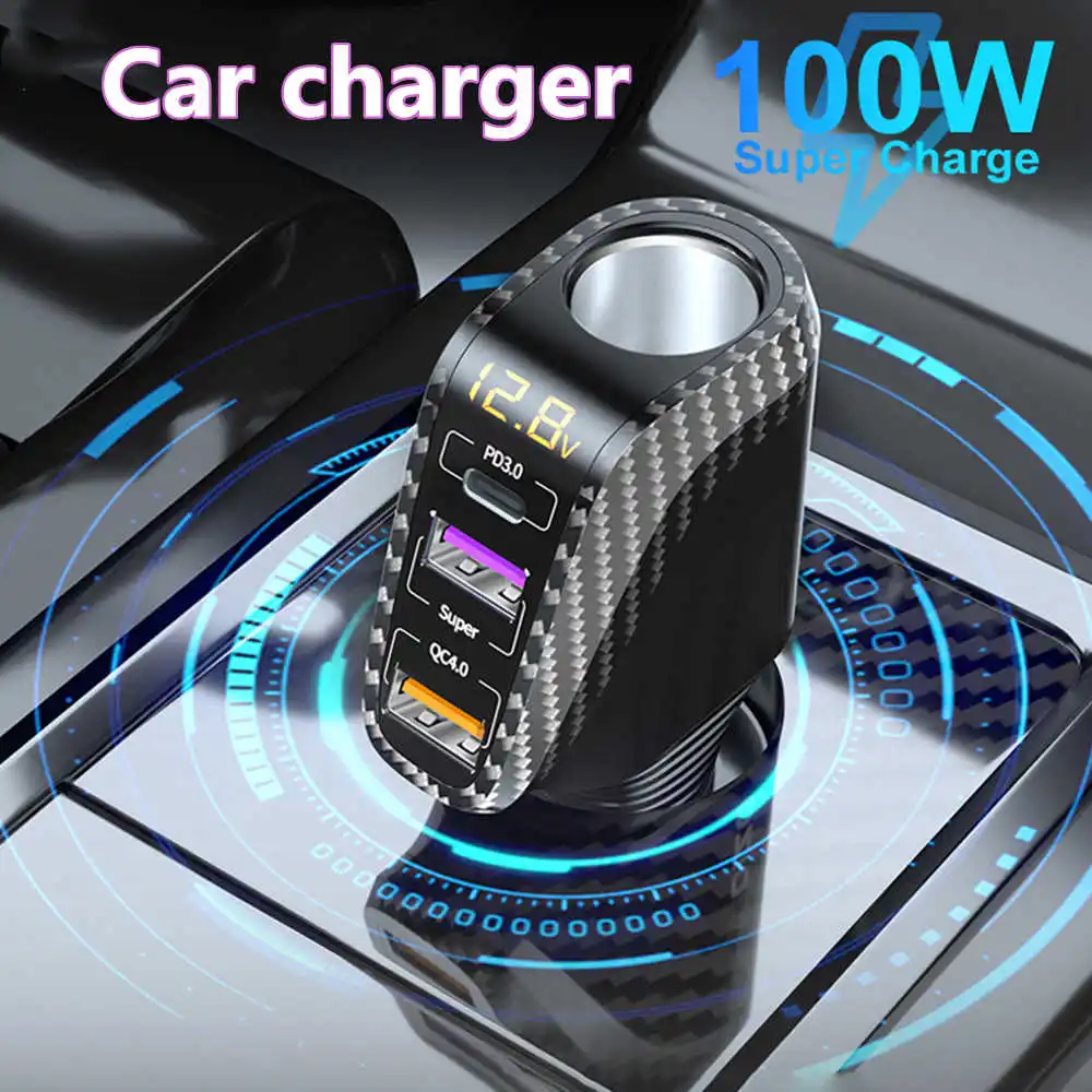 

100W Car Charger PD 3.0 QC 4.0 Super Charge Cigarette Lighter Phone Charger Quick Charge 3-Socket Universal