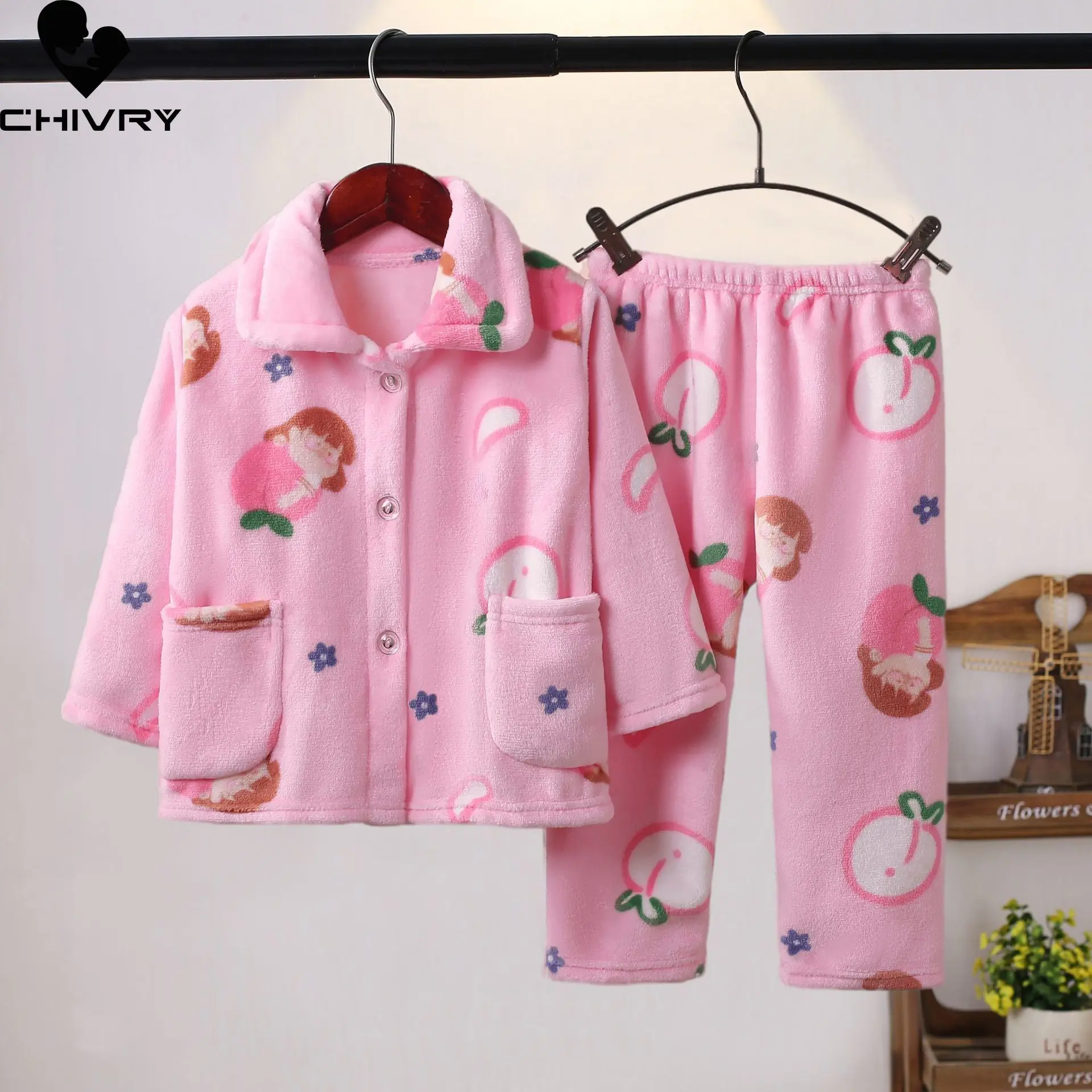 New Kids Boys Girls Autumn Winter Flannel Warm Pajamas Cartoon Long Sleeve Lapel Tops with Pants Baby Sleeping Clothing Sets