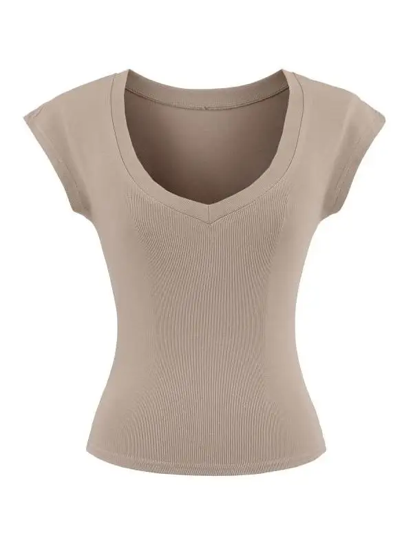 Street Sle Heart Collar ort Sve T-Shirt Taille Cinching Belly Baring Fly Sve American Retro V Ne Sommer Top