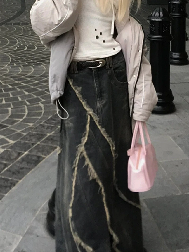 Women Denim Long Skirt Harajuku Y2k 2000s Vintage Skirts 90s Aesthetic Streetwear Fashion Korean Style A-Line Jean Skirt Clothes