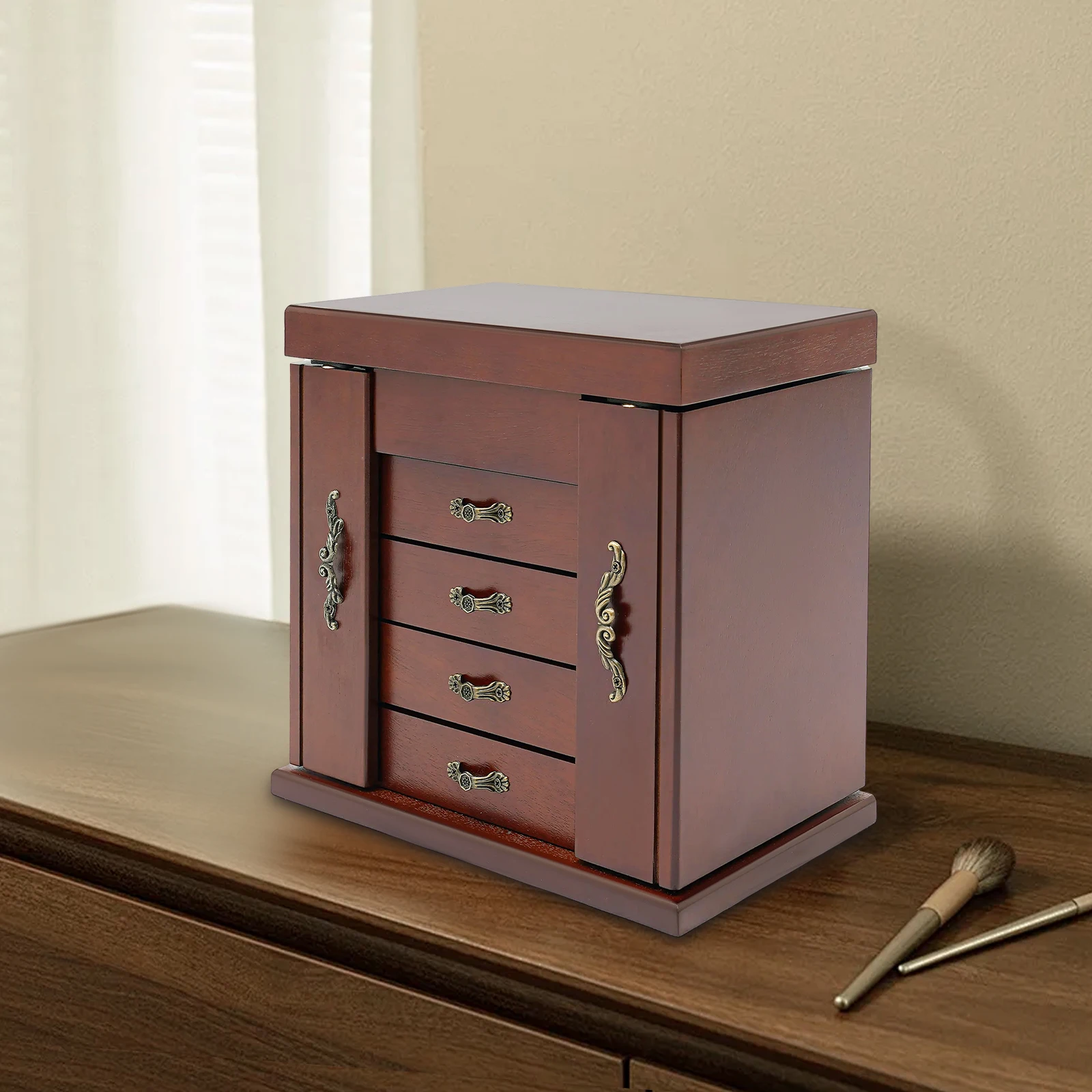 Caja Organizadora de Joyas de Madera Vintage de 5 Niveles, Estuche para Collares y Anillos, Gabinete de Almacenamiento