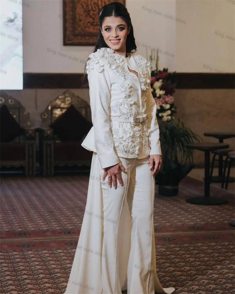 Conjunto de trajes de boda para mujer, Blazer con tren + Pantalones, cuentas, chaqueta con apliques florales, alfombra roja, vestido de graduación, personalizado, 2 piezas