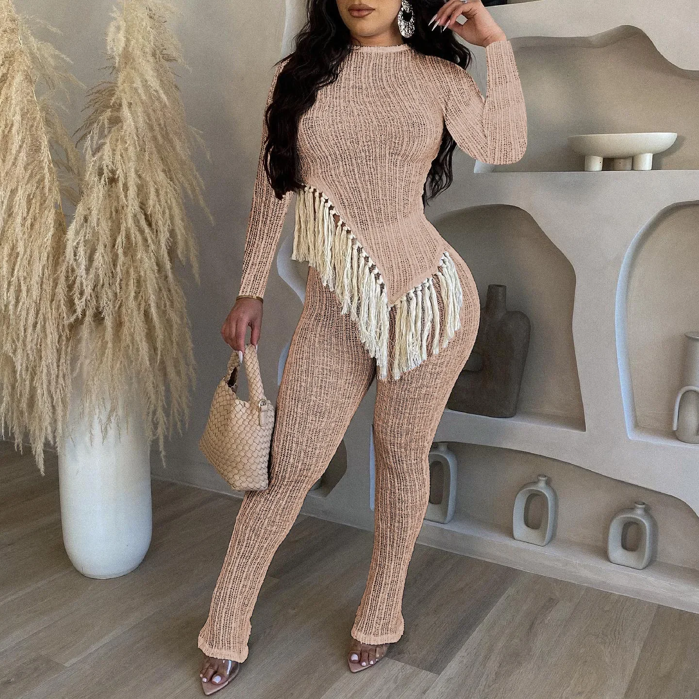 Women's Clothing Suit Autumn New Fashion Solid Color Long-sleeved Hem Asymmetrical Fringed Trousers Two-piece Set Slim and Sexy