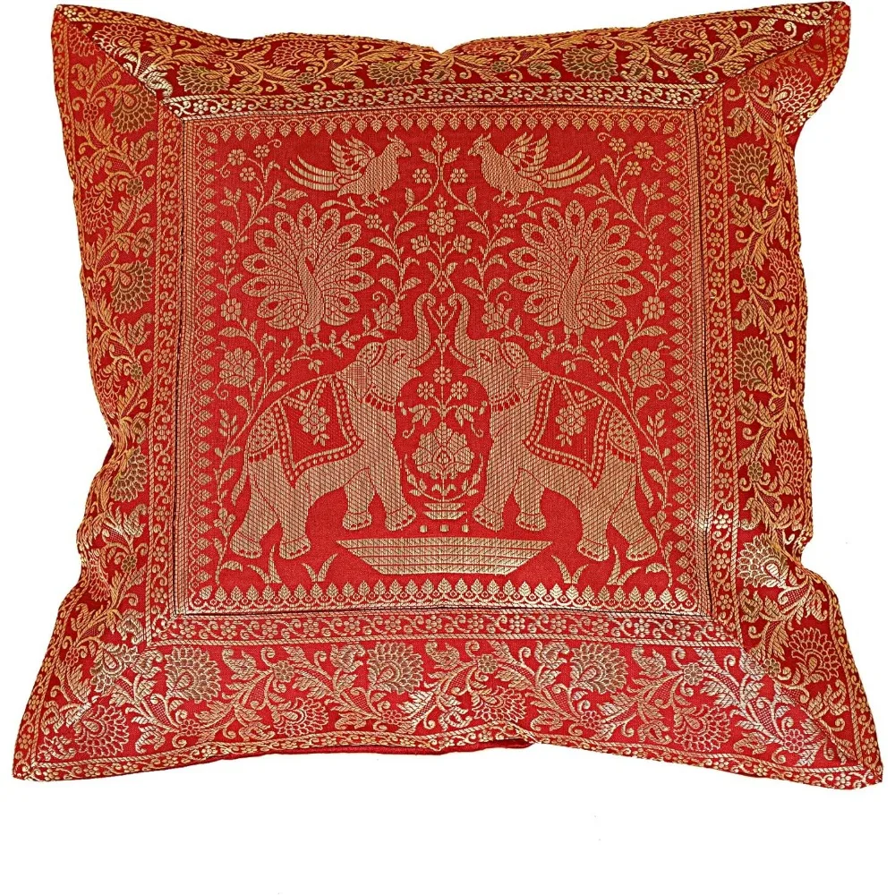 Elegante juego de 10 fundas de cojines de seda Banarsi hechas a mano de 16 x 16 pulgadas con estampado de elefante para decoración bohemia