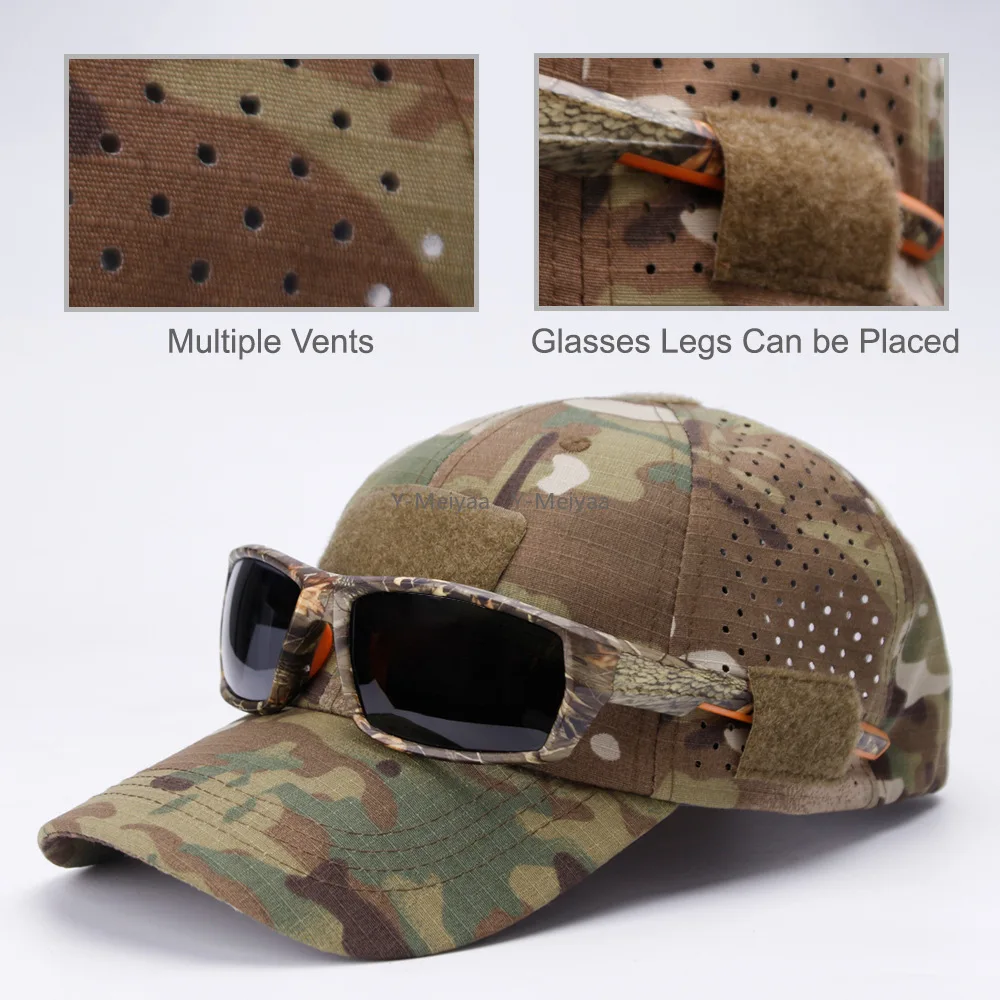 Männer Camouflage Baseball Cap Atmungsaktive Sonnenschutz Hut für Outdoor-Sport Wandern Angeln Sonnenhut mit Klettverschluss Kann Sonnenbrillen hängen