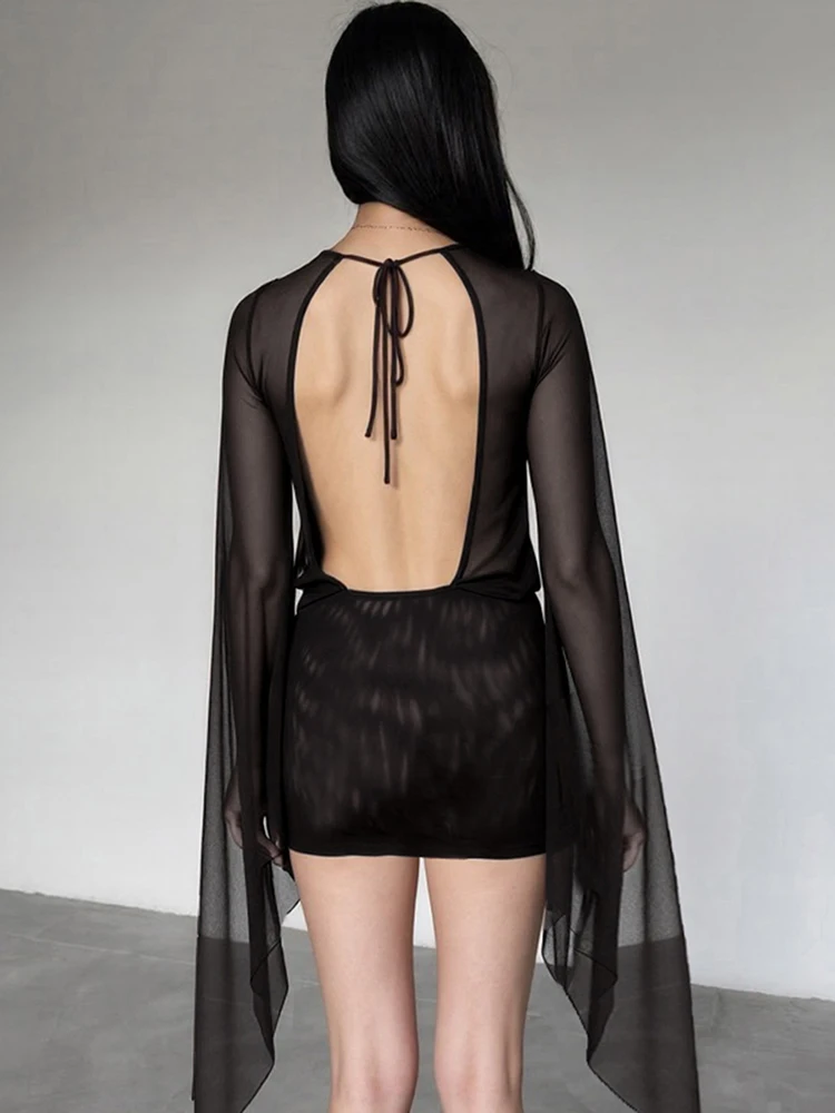 Weird Puss Mesh Sexy Summer Dress Women Cross Bandage Low-Neck Backless Flare Sleeve Midnight Coquette Midnight Party Bodycon image 5