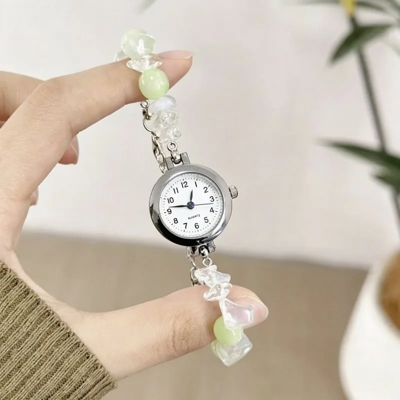 Elegant Gemstone Beaded Watch for Women Fresh Student Style Simple Quartz Ladies Adjustable Comfortable Female Wristwatch