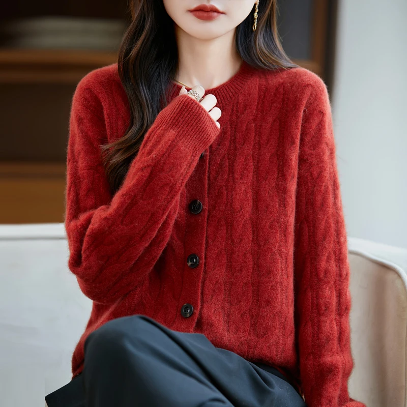 Женский кардиган из 100% шерсти, утолщенный, с круглым вырезом, массивный, вязаный, теплый и стильный, с высококачественной текстурой