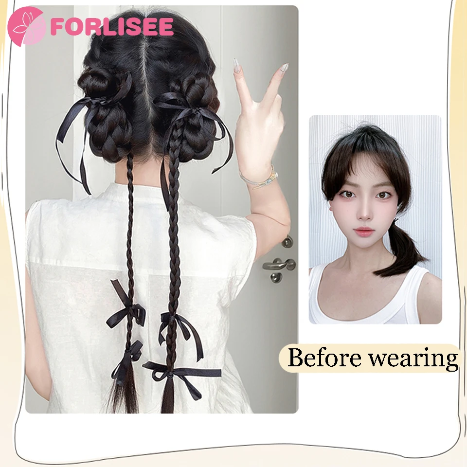 FORLISEE Synthetic Ball Head Wig Female Bow Ribbon Double Ponytail With Rubber Band Ponytail Wig