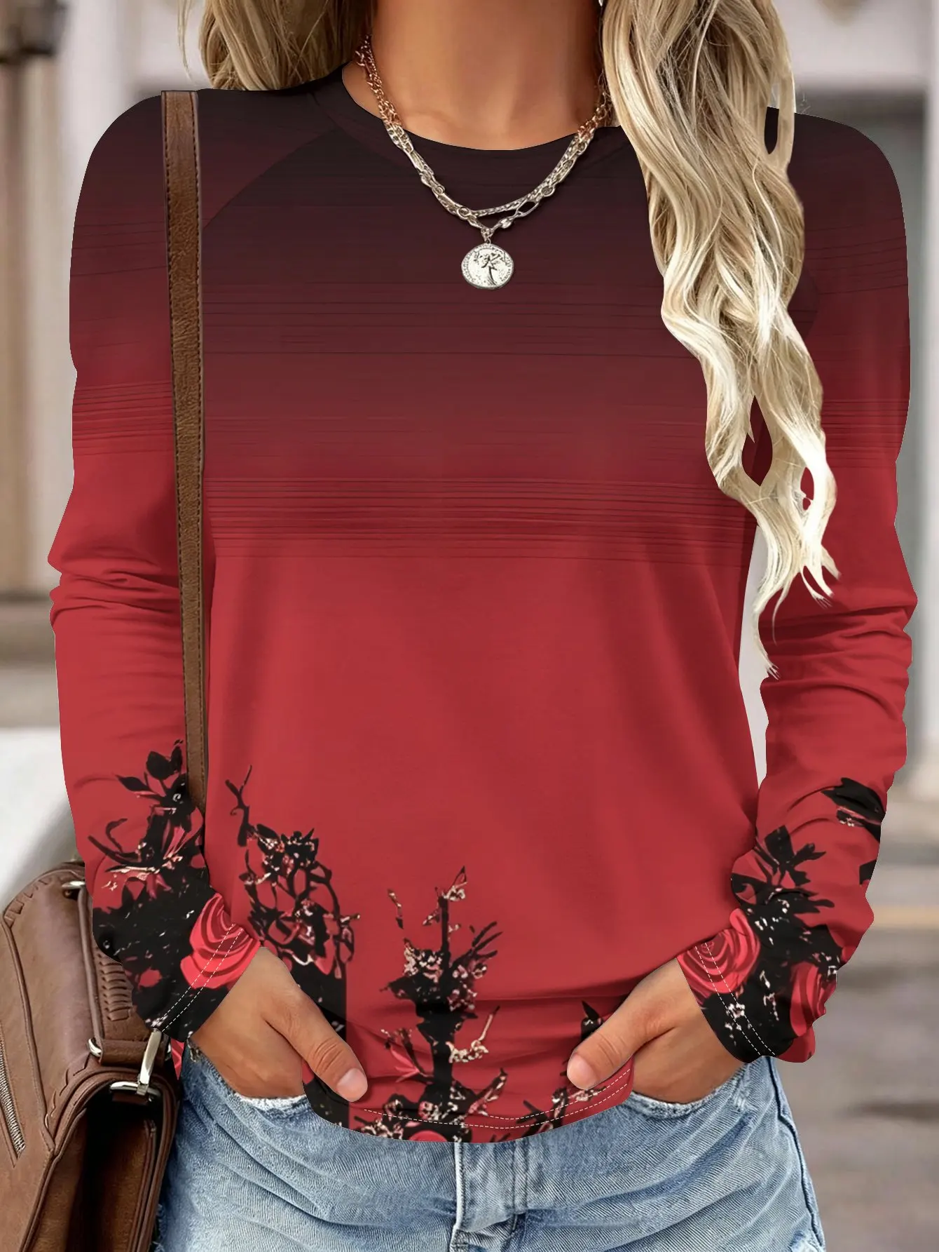 Women Long Sleeve Shirt 3D Red Rose Golden Leaf Print Round Neck Raglan Casual Fall Daily Tops Women's Clothes