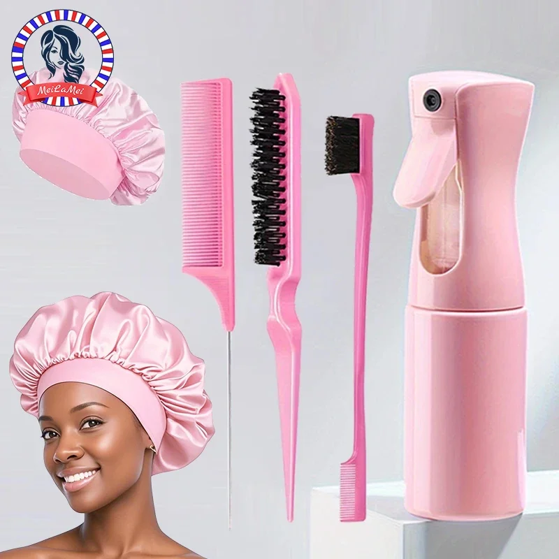 Conjunto de 5 Peças para Estilização de Cabelo: Inclui Borrifador de Cabelo, Pente de Cabo Fino, Pente de Seccionamento e Escova para Acabamento, Touca de Cabelo para Salão