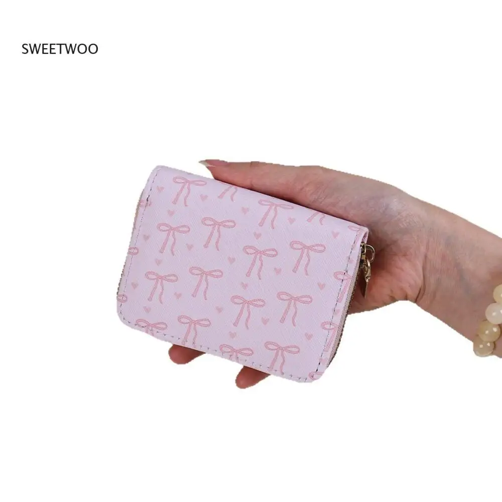 Pink & White Ribbon Pattern Card Organizer, Compact Coin Purse