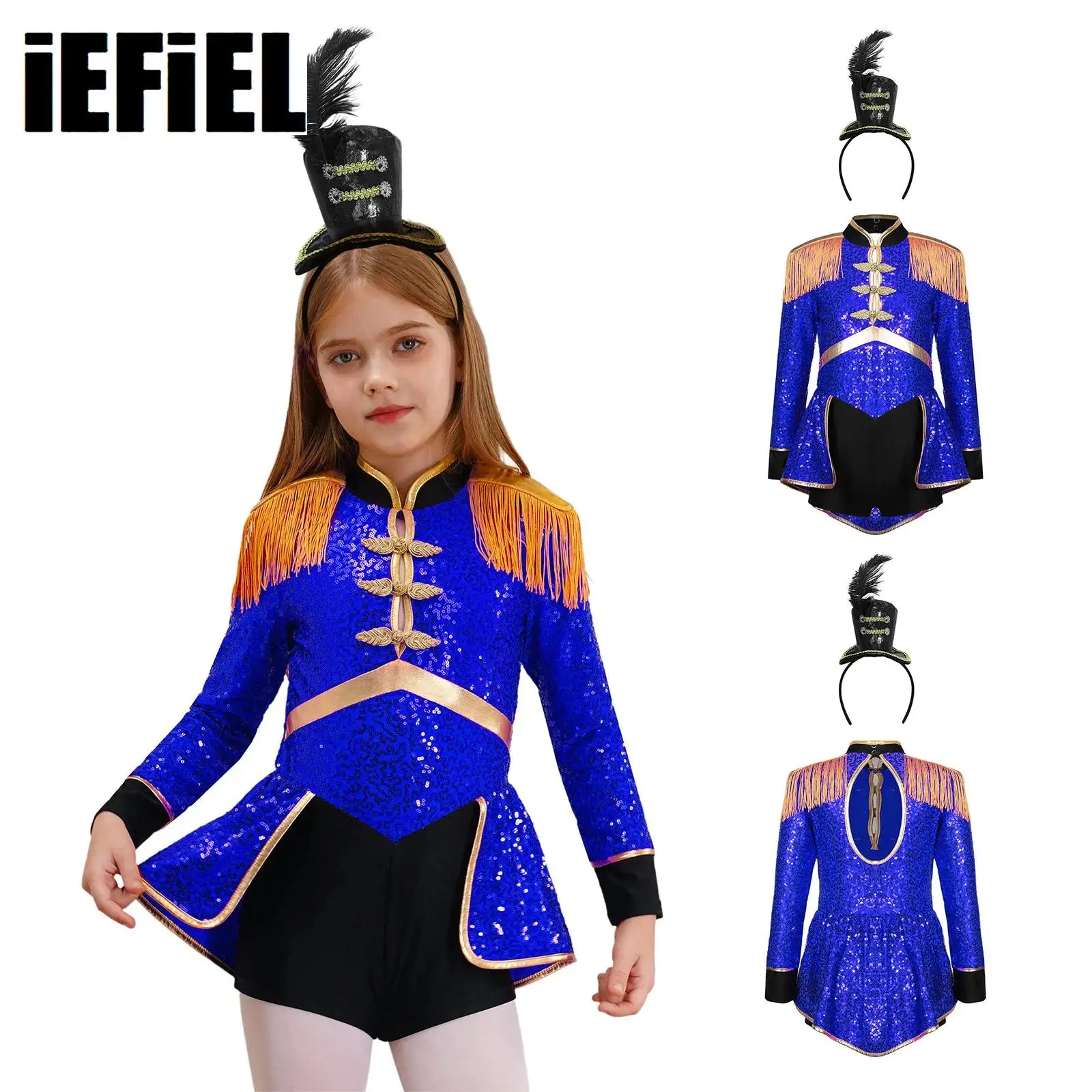 

Карнавальный костюм циркового директора: комбинезон с длинными рукавами, бахромой на плечах, пайетками, мини-шляпкой и перьями для косплея