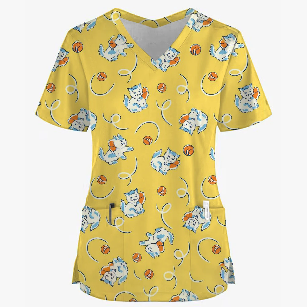 Damski mundurek pielęgniarski prosty nadruk gwiazdy 3D topy z kieszeniami w kształcie litery V mundurek medyczny fartuch chirurgiczny do karmienia topy odzież robocza