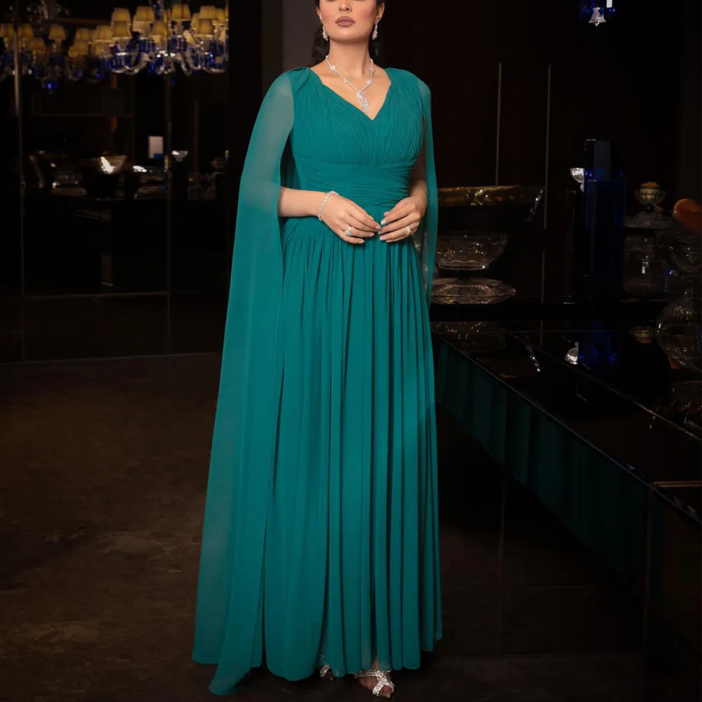 

Customized Pleated Chiffon Evening Dresses with Shawl V Neck A Line Long Formal Dress Flowy Long Wedding Party Gowns for Women